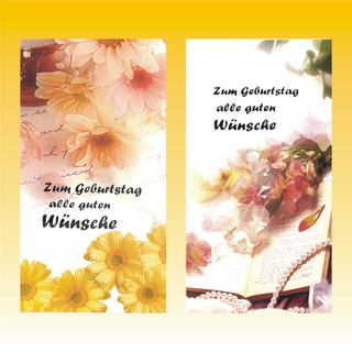 Geburtstagskarte 9,5 x 18cm, BLUMEN, 8 fach sortiert, Goldschrift