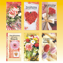 Geburtstagskarte 9,5 x 18cm, BLUMEN, 8 fach sortiert, Goldschrift - zum Sonderpreis!