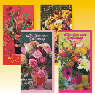 Geburtstagskarte 9,5 x 18cm,BLUMEN, 4 fach sortiert - zum SONDERPREIS!